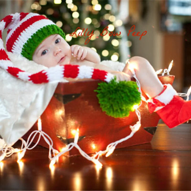 Вязаный рождественский костюм для новорожденных, реквизит для фотосъемки, вязаная шапочка с эльфом для мальчиков и девочек, шапка с сапогами, костюм Санта Клауса