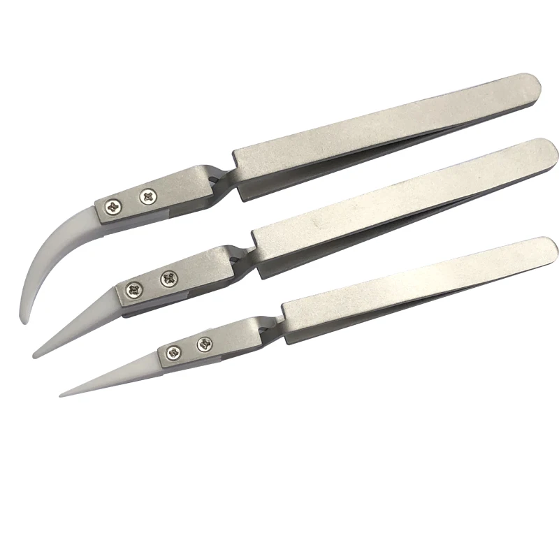 

3pcs/set Electronics Industrial Ceramic Tweezers Reverse Heat Resistant Conductive Curved Straight Tweezers Hand Tools Kits
