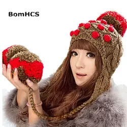 BomHCS милые женские толстый кабель многоцветный ручной вязки шапочка кепки ухо муфта теплая шапка с мягкой Pom