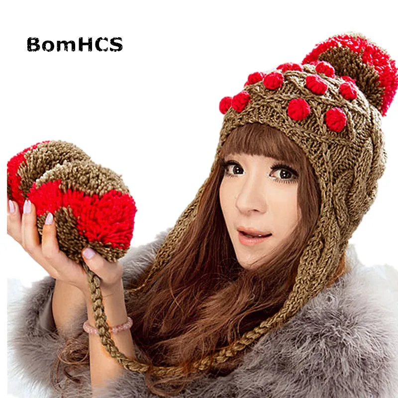 

BomHCS Cute Women's Thick Cable Multicolor Handmade Knitted Beanie Cap Ear Muff Warm Hat with Soft Pom
