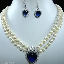 Благородство кварцевый кристалл очаровательный 2 ряда белый жемчуг и синий циркониевый кулон, серьги набор marvel чокер для женщин ожерелье-колье