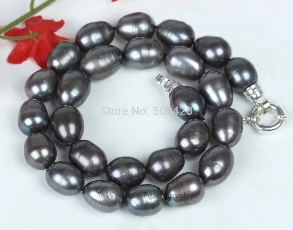 

Free Shipping >RARE LARGE 11-14MM OVAL GENUINE BLACK CULTURED FRESHWATER PEARL NECKLACE SILVER