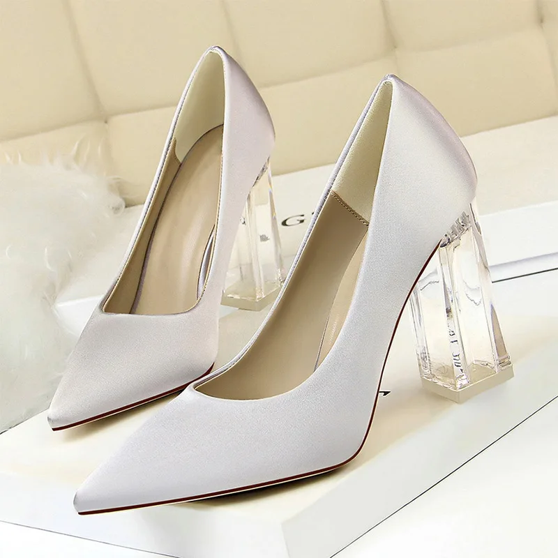 Г., весенние женские пикантные туфли-лодочки с острым носком Прозрачные туфли на высоком каблуке с кристаллами женские офисные туфли без застежки - Цвет: sliver gray