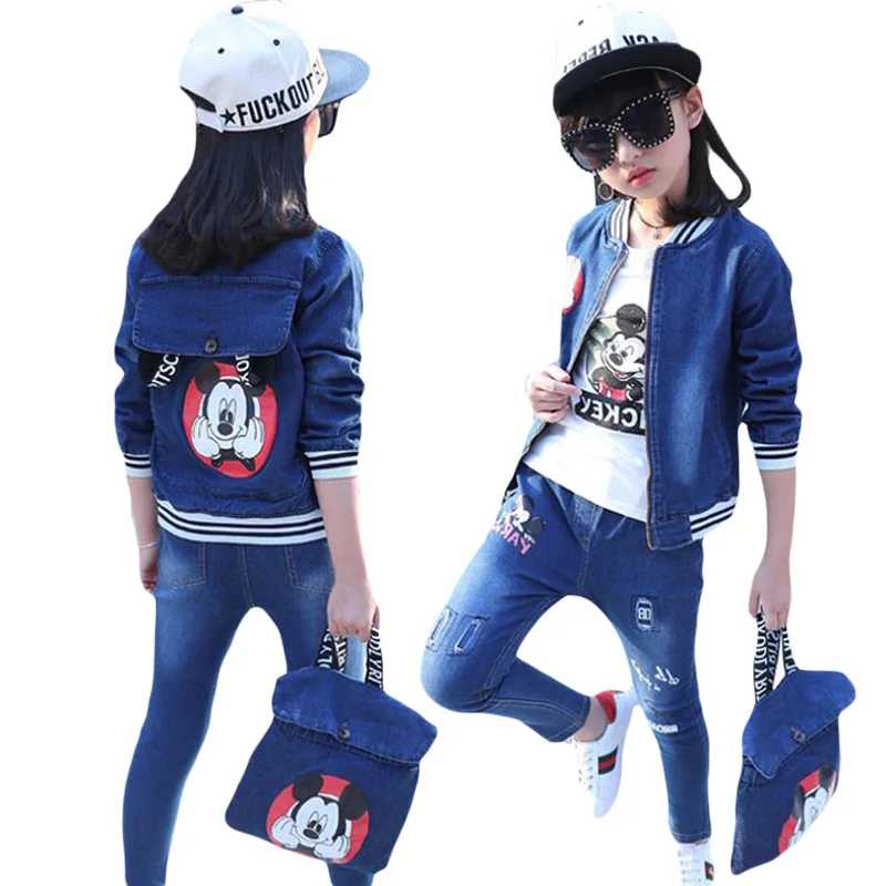 

2018 Spring Autumn Girls Minnie Clothing Girl Denim Suit cotton Denim Long Sleeve Jacket+shirt+ JeansThree piece set 3-13Y