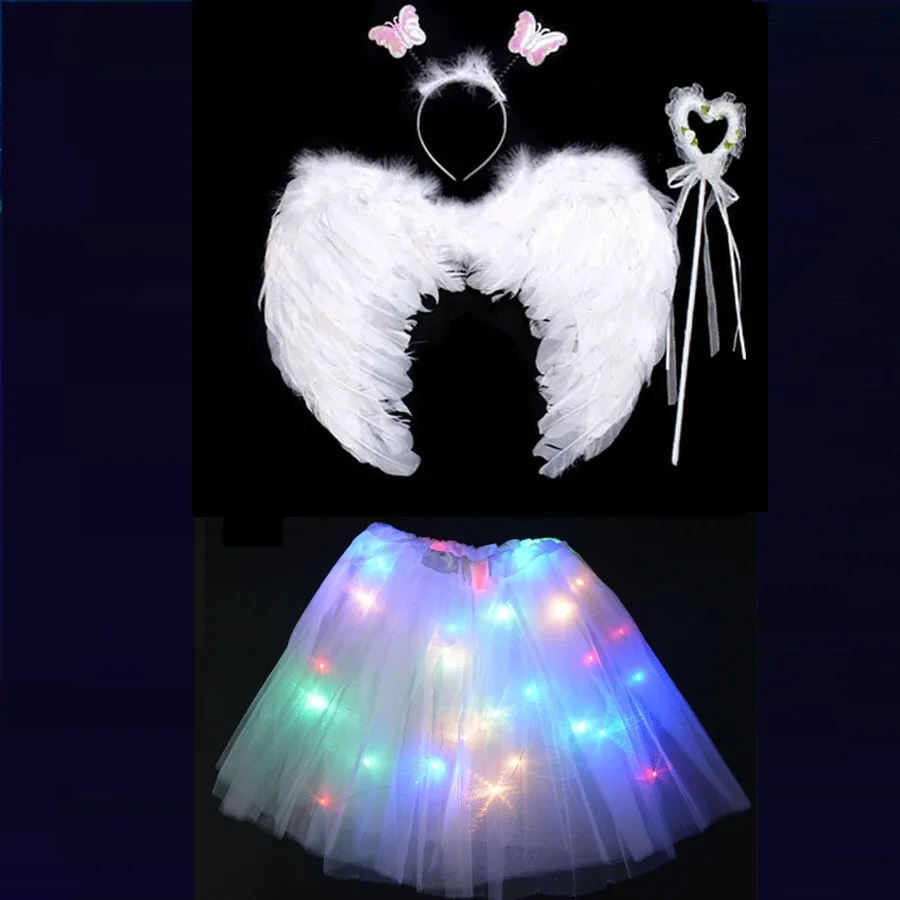 Детское белое крыло Ангела повязка на голову палочки светодиодный светильник юбка-пачка подарок на день рождения Косплей танцевальный светящийся костюм для Хэллоуина