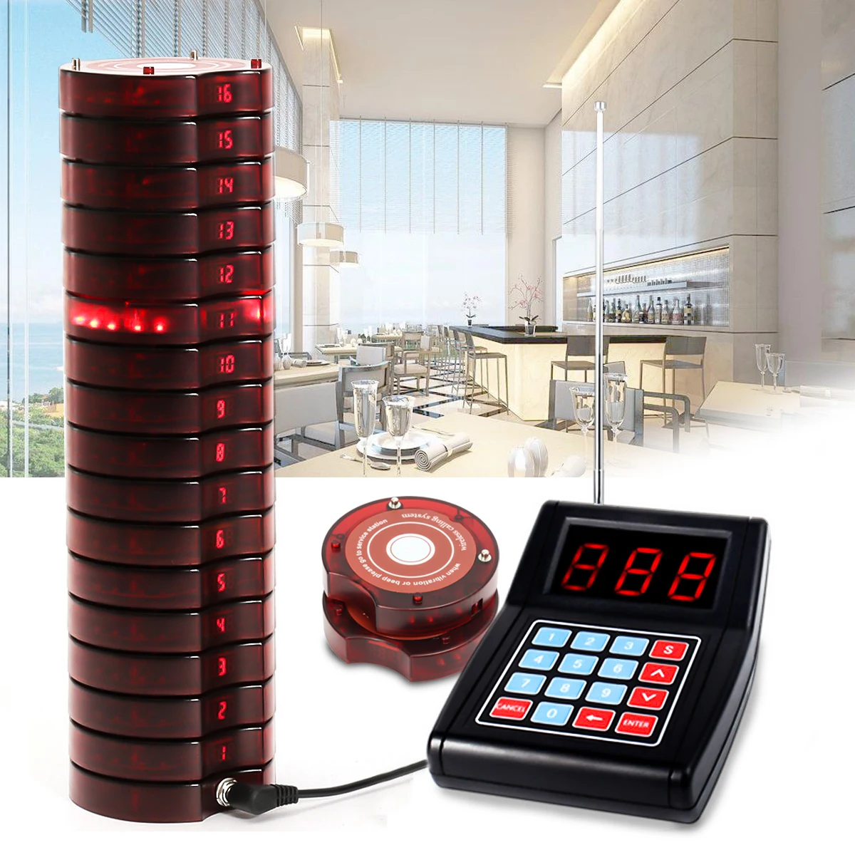 

Restaurant Pager Wireless Paging Queuing Calling System 1 Transmitter 999 Channel With 10 Coaster Pagers Restaurant Equipments