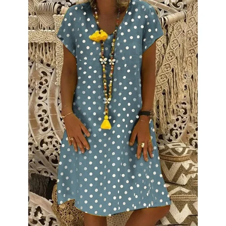 الصيف الشيفون الكتان مثير V عنق المرأة بلوزة عارضة البولكا نقطة طباعة الأصفر قصيرة الأكمام الشاطئ قميص طويل بلايز زائد حجم S-5xl