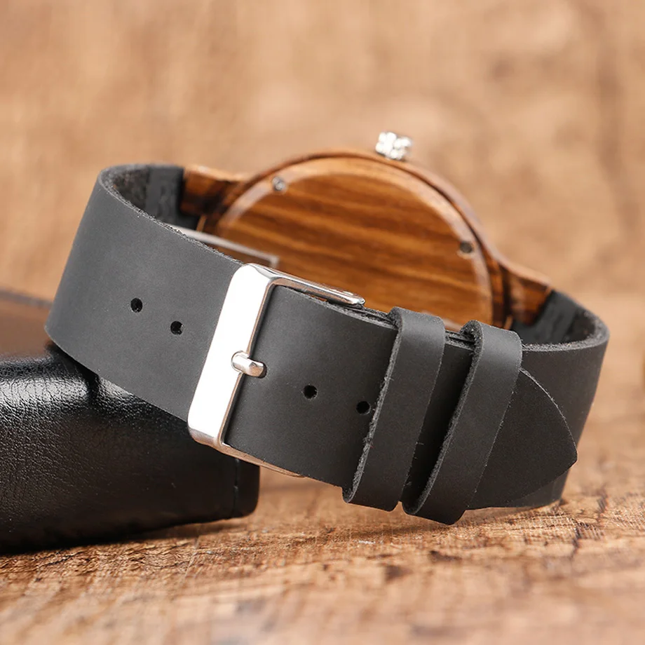 Top Men's Wooden Watches High Quality Black Handmade Natural Wood Bamboo Quartz-watch No Number Face Chic Second Hand Clock Male (25)
