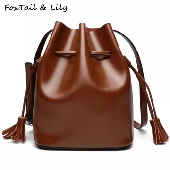 

FoxTail & Lily Fashion Korean Style Drawstring Bucket Bag Women Genuine Leather Crossbody Bags Large Capacity Lady Shoulder Bag