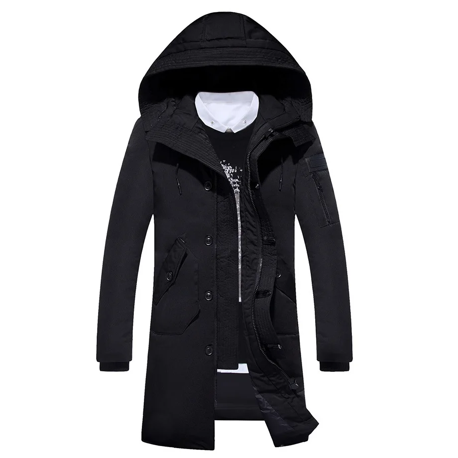 Мужская длинная пуховая куртка, зимняя парка на утином пуху, пальто с капюшоном, теплая ветрозащитная брендовая одежда, мужской пуховик, верхняя одежда - Цвет: Черный
