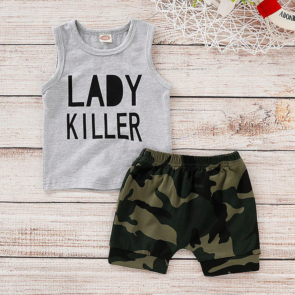 

Baby Boy Letter Printed Vest Tops Camouflage Shorts Cotton Sleeveless Outfit Newborn Toddler Infant Kids Summer Set