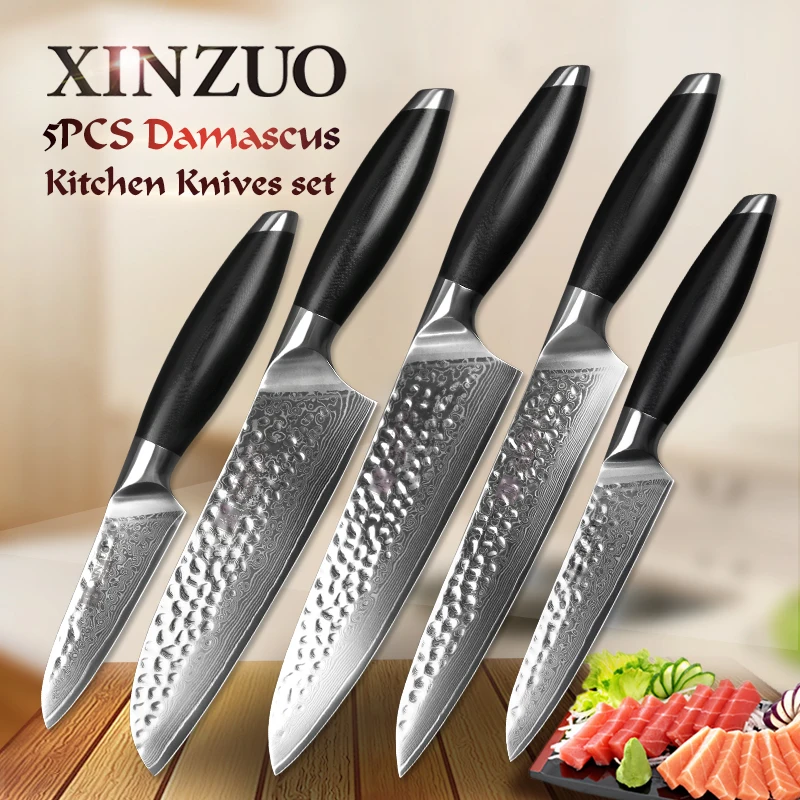 

XINZUO 5 PCS Kitchen Knife Set 67 Layer Japan Damascus Steel Cook Tools Pro Paring Chef Santoku Cleaver Utility knife G10 Handle