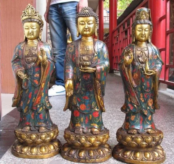 

20kg Tibet Bronze Gilt cloisonne Three Saints of the West GuanYin Kwan-Yin Buddha Set free shipping