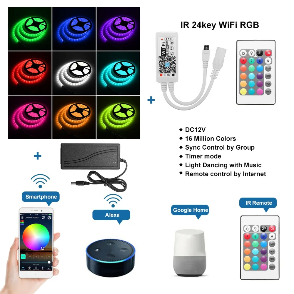 

Smuxi 5050 5M/16.4Ft Smart Wifi RGB 300 LED Strip Lights Flexible Light LED Tape Lamp For Alexa Google Home IR US