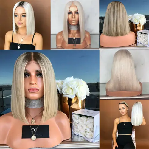 

Short Bob Middle Score Straight Synthetic Hair Wig Ombre Blonde Bob Side Part Full Short Wigs