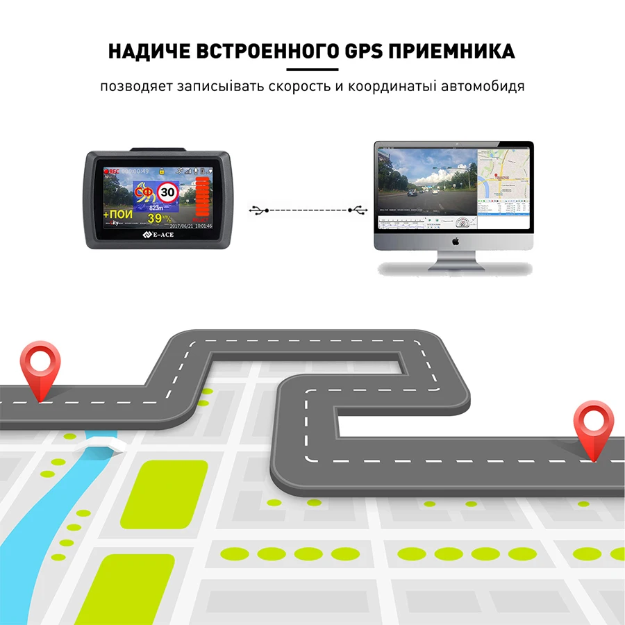 E-ACE Автомобильный видеорегистратор, радар-детектор gps 3 в 1 видео рекордер 1296P Dashcam ночное видение Авто Камара ADAS русский язык Регистратор