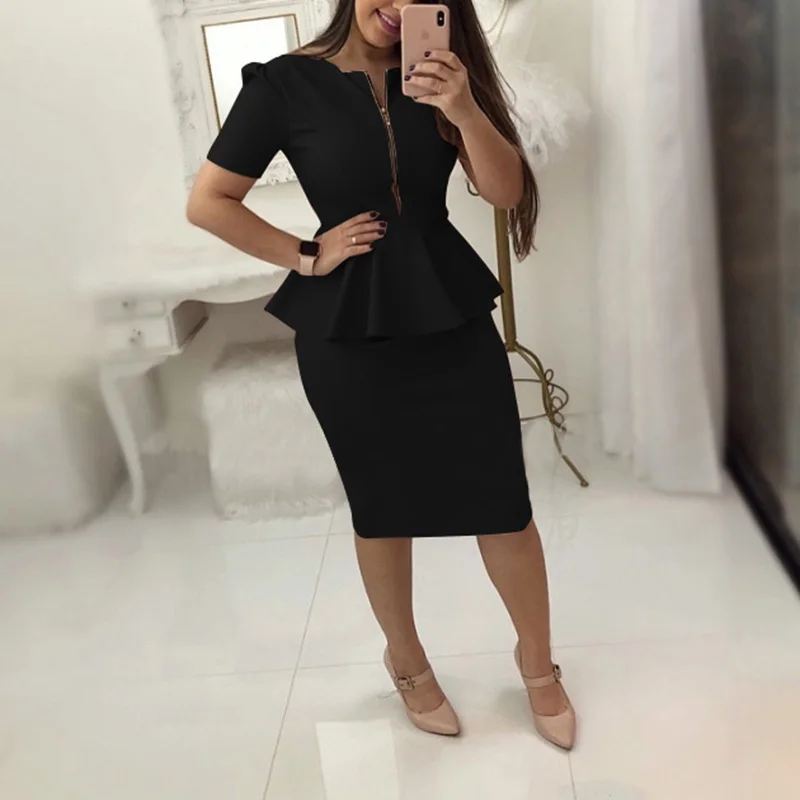 Office Work Dress Women Solid Dresses Short Sleeve Ol Business Dress Elegant Sheath Party Vestidos Blue Black Plus Size