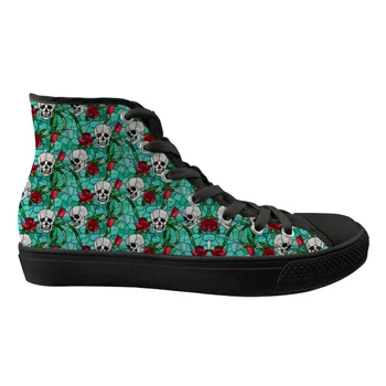 

Casual Sneakers Women Flats Classic High Top Canvas Skull with Rose Pattern Fashion Women's Vulcanized Shoes Woman
