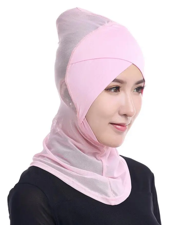 DJGRSTER мусульманский мерсеризованный хлопок двухслойный крест шарф полное покрытие внутренний хлопок хиджаб Кепка исламский головной убор шляпа повязка на голову цвета - Цвет: Pink