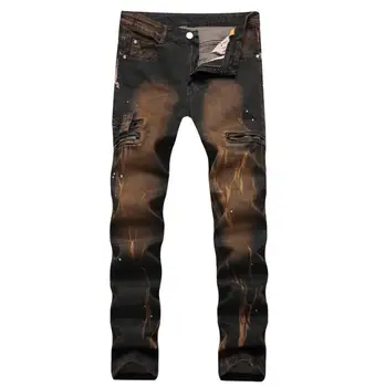

New Brand Men's Casual Zipper Packets Ripped Biker Jeans Men Straight Stretch Denim Oil Print Vintage Jeans Trousers Size 28-42