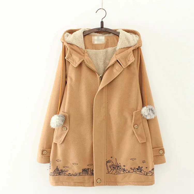 2017 Winter New College Wind Women s Casual Hooded Jacket Navy Style Zipper Embroidery Chinese Mori