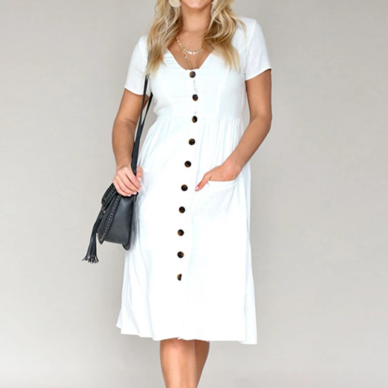 Women's Sexy Summer Dresses 2019 Boho Short Sleeve Button Solid Midi Dress Sundress With Pockets Lady Beach Party Dress Vestidos