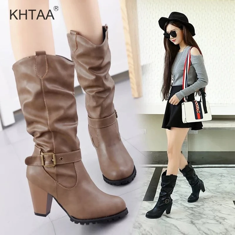 

Women's Winter Platform Mid Calf Boots Fashioable Warm Buckle Medium Heel Ladies Shoes 2018 Casual Autumn Casual Footwear Female