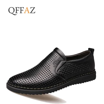 

QFFAZ Mens Shoes Casual Luxury Brand 2019 Summer Men Loafers Genuine Leather Moccasins Breathable Slip on Boat Shoes
