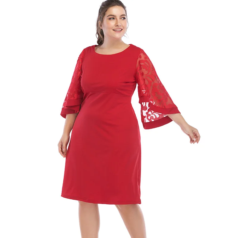 

2019 Autumn Big Sizes Women Dress Sexy Plus Sizes Flare Sleeve Patchwork Lace Dress Loose Elegant Party Dresses Vestidos 5XL 6XL