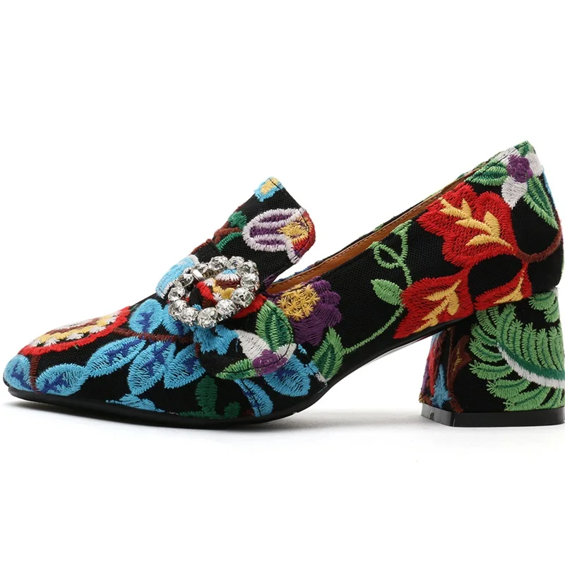 ODS/женские туфли-лодочки с цветочной вышивкой в этническом стиле женские туфли на высоком толстом каблуке без шнуровки с ремешком на пятке в стиле ретро большие размеры 33-43 - Цвет: Черный