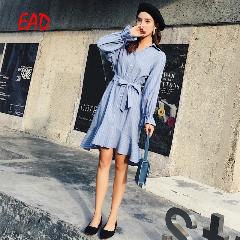 

EAD Office Striped Long Sleeve Shirt Dress Women Elegant Ruffle Turn Down Collar Vestido Casual Sashes Summer Dresses for Female