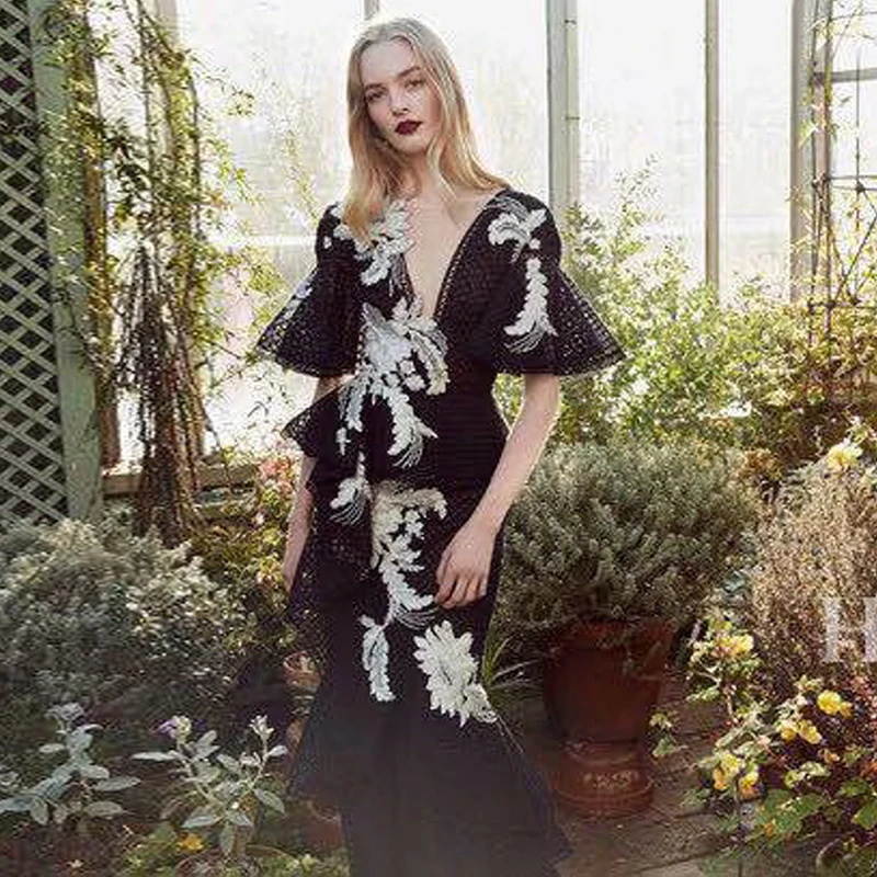 

XF high quality water soluble flower embroidery mesh stitching black dress sexy fashion 2019 summer party mermaid slim dress