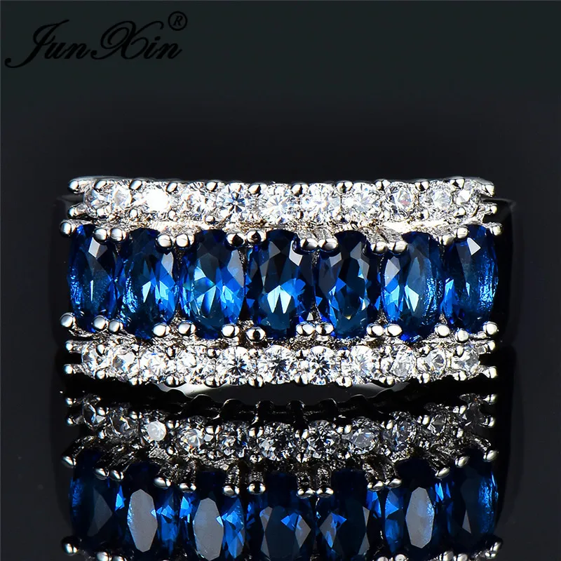 JUNXIN Luxury Male Female Oval Blue Zircon Wedding Rings For Women Men 10KT White Gold Filled Birthstone Engagement Couples Ring