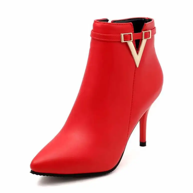 

European and American fashion PU pointed female boots autumn and winter new V-shaped wild stiletto women's shoes temperament hig