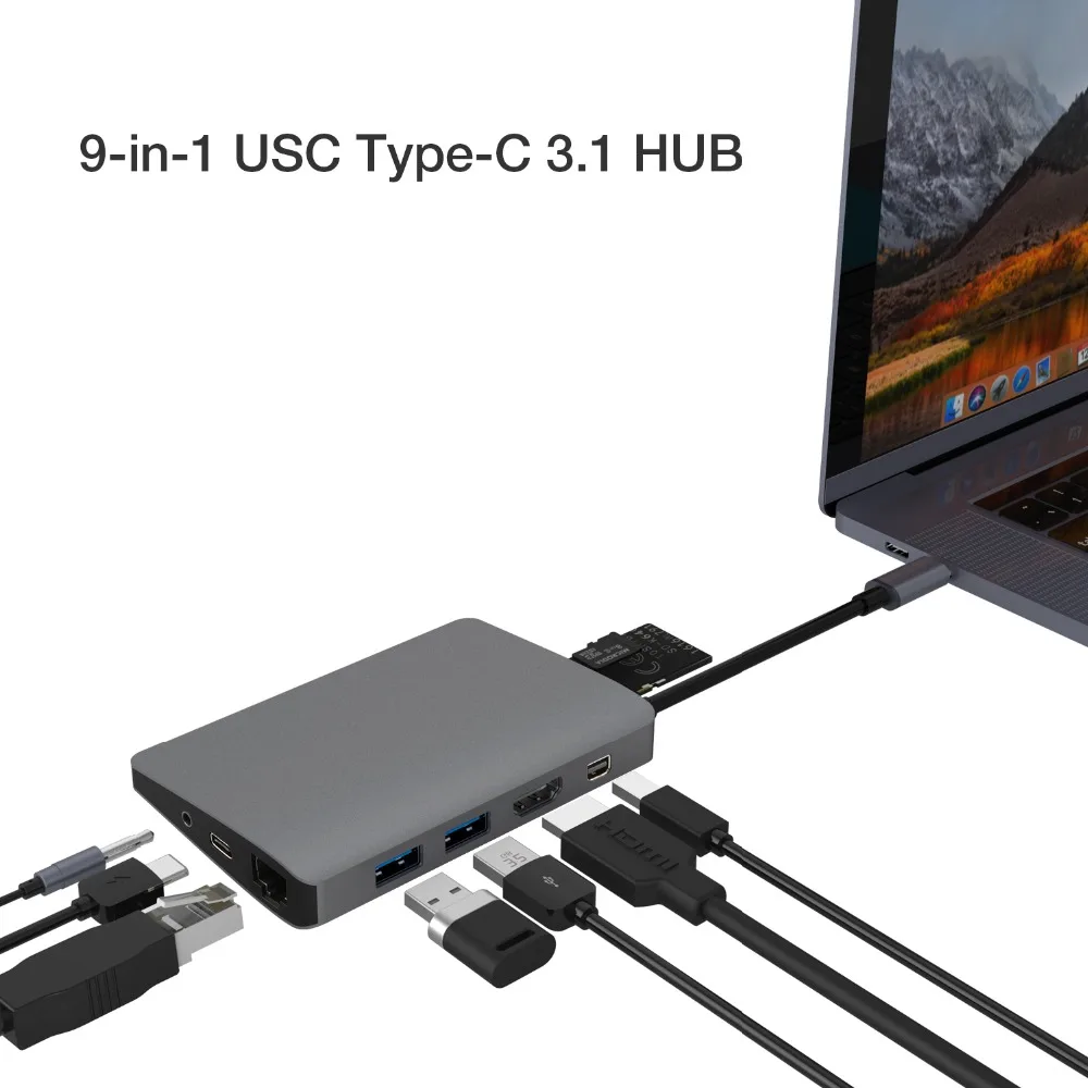 

JZYuan USB C Hub to Mini DP HDMI RJ45 LAN Audio 3.5mm With PD USB 3.0 Card Reader Hub USB-C Dock For Macbook Pro Samsung S9/S8