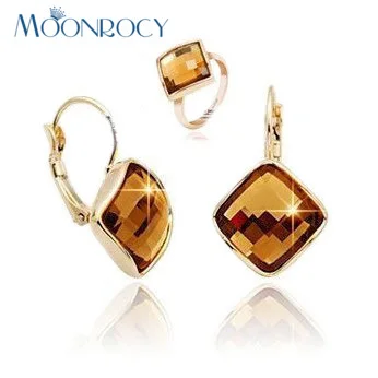 

MOONROCY Drop Shipping Fashion Square Crystal Ring and Earring Jewelry Set Rose Gold Color Jewelry Set Wholesale for Women Gift