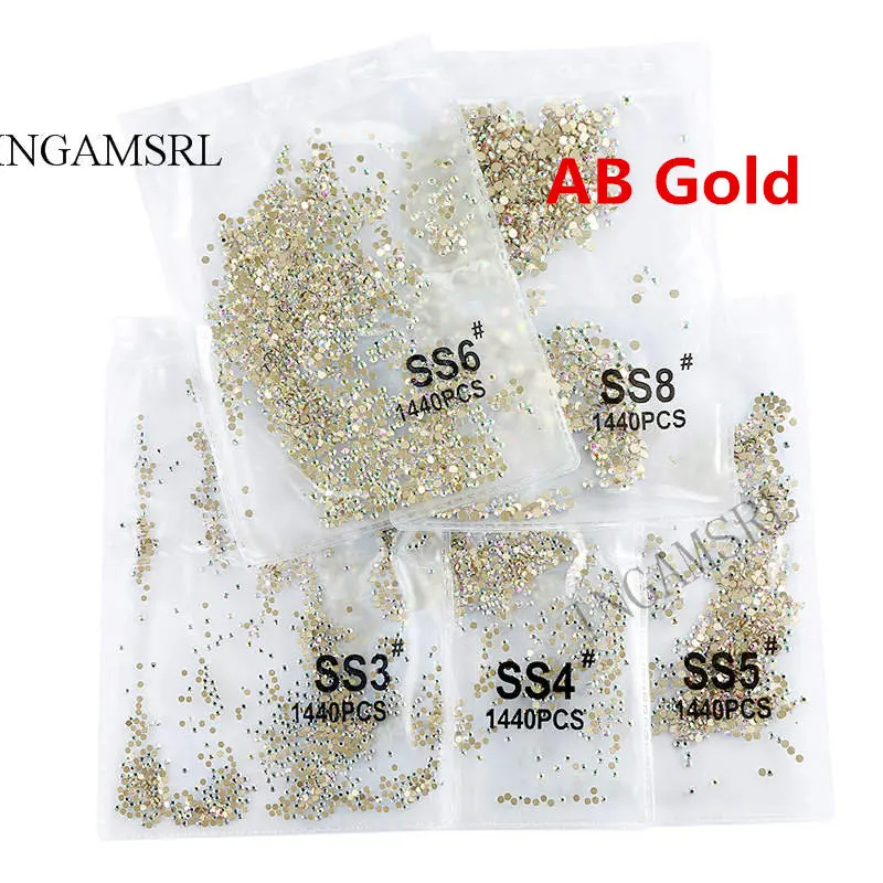 

1440 pcs Nail Cristaux Strass pour Ongles Flatback Nail Art En Verre Gemmes Pierres SS3-SS30 Clair Or Demi-perles 75