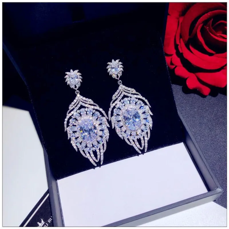 S925 Серебряные Ювелирные наборы для женщин Гипербола белый кубический цирконий длинные висячие серьги ожерелья подвески свитер цепь - Цвет камня: Drop Earrings