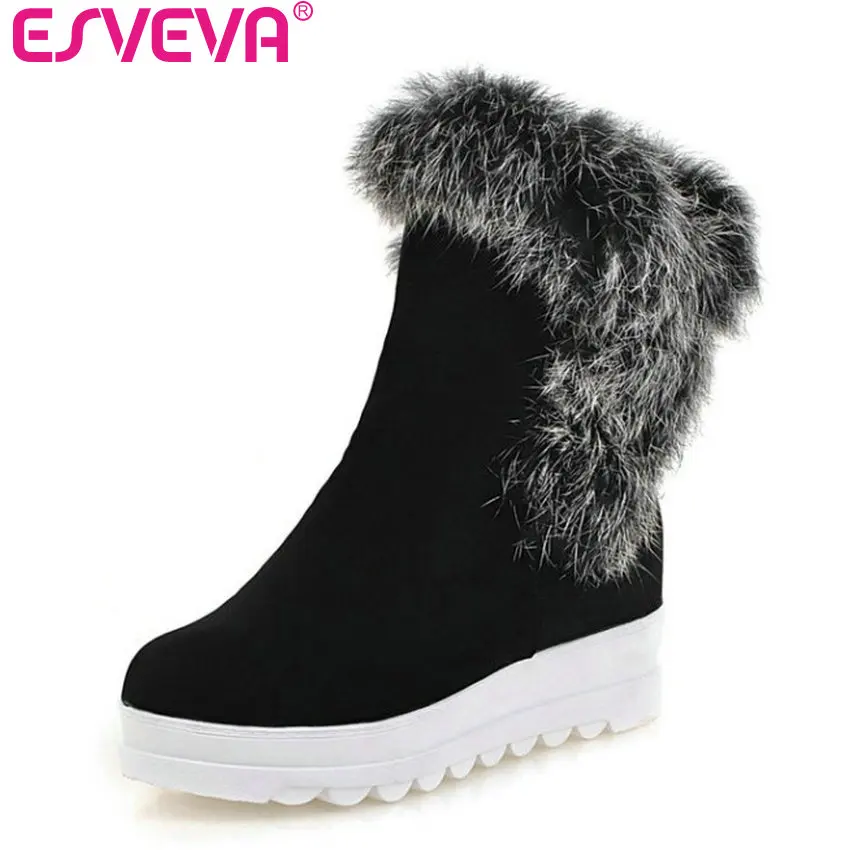 ESVEVA 2017 Fashion Warm Fur Winter Shoes Women Flock Snow Boots Wedges Med Heel Ankle Boots