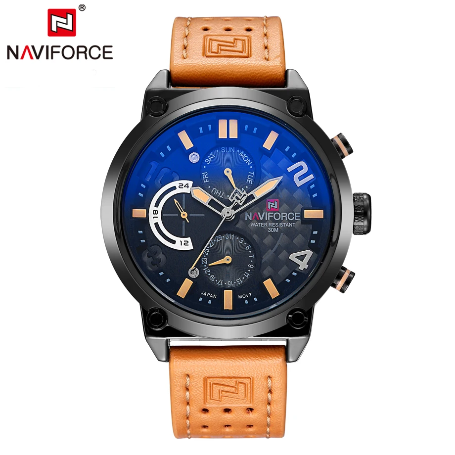 

NAVIFORCE Fashion Luxury Quartz Watches Men Functional Hands Leather 24 Hour Date Wristwatch Male Clock Chronograph Sport Watch