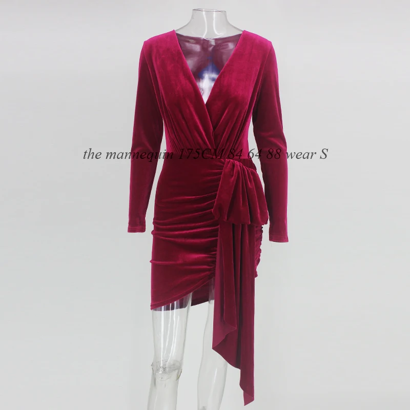 NATTEMAID, осенне-зимнее облегающее платье с запахом, женское сексуальное мини-платье с глубоким v-образным вырезом, элегантное красное бархатное вечернее платье vestidos