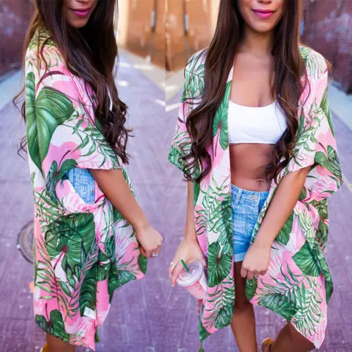 

Women Summer Floral Bikini Cover Up Bathing Suit Chiffon Flower Print Cardigans Swimwear Beach Outwear Cover-Ups