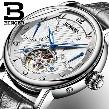 2019 Genuine Luxury BINGER Brand men automatic mechanical self-wind sapphire watch calendar waterproof leather strap High grade top luxury men automatic mechanical watch brand original binger watches self wind sapphire ceramic wristwatch 24 hours display