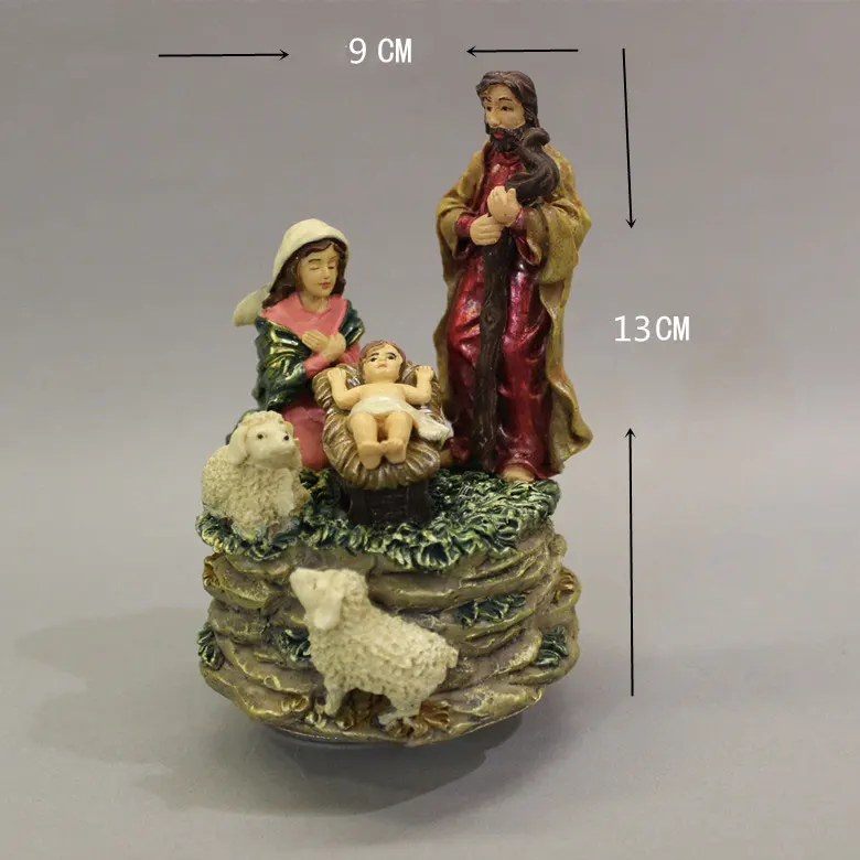 

9*13CM Jesus Resin Rotate Music Boxes of Exquisite Christ Statue Nativity Scene Figurine Home Decor New Year Gifts For Kids