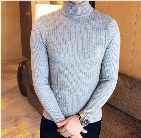 В полоску; с высоким, плотно облегающим шею воротником Для мужчин свитера шерстяной пуловер, свитер мужской больших размеров с высоким воротом; Для мужчин мужской Молодежный пуловер Джемпер корейский стиль белый - Цвет: grey