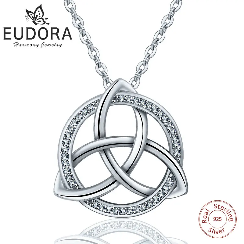 EUDORA 925 Sterling Silver Good Luck Irish Celtics Knot Triangle Vintage CZ Pendant Necklaces Link Chain for Women Jewelry C202 EUDORA 925 Sterling Silver Good Luck Irish Celtics Knot Triangle Vintage CZ Pendant Necklaces Link Chain for Women Jewelry C202