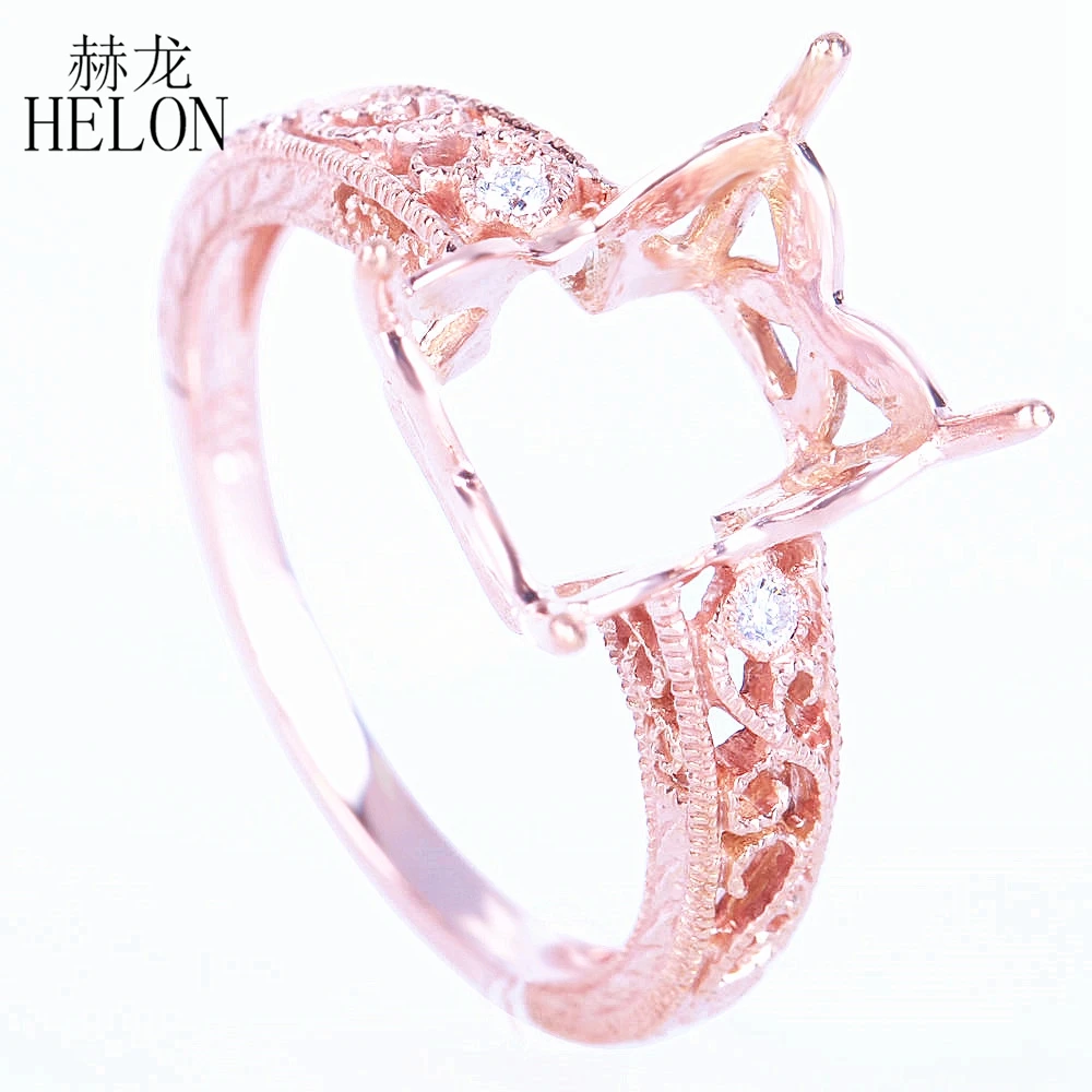 

HELON Solid 14K Rose Gold 10x8mm Emerald Cut Semi Mount Filigree Engagement Wedding SI/H Diamonds Ring Art Deco Fine Jewelry