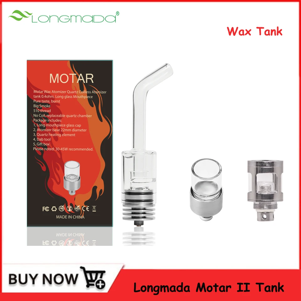 

Original Longmada Motar II Wax Vape Atomizer Tank For 510 Thread Quartz Clearomizer Long Glass Bucket Coil Quartz Atomizer Tank