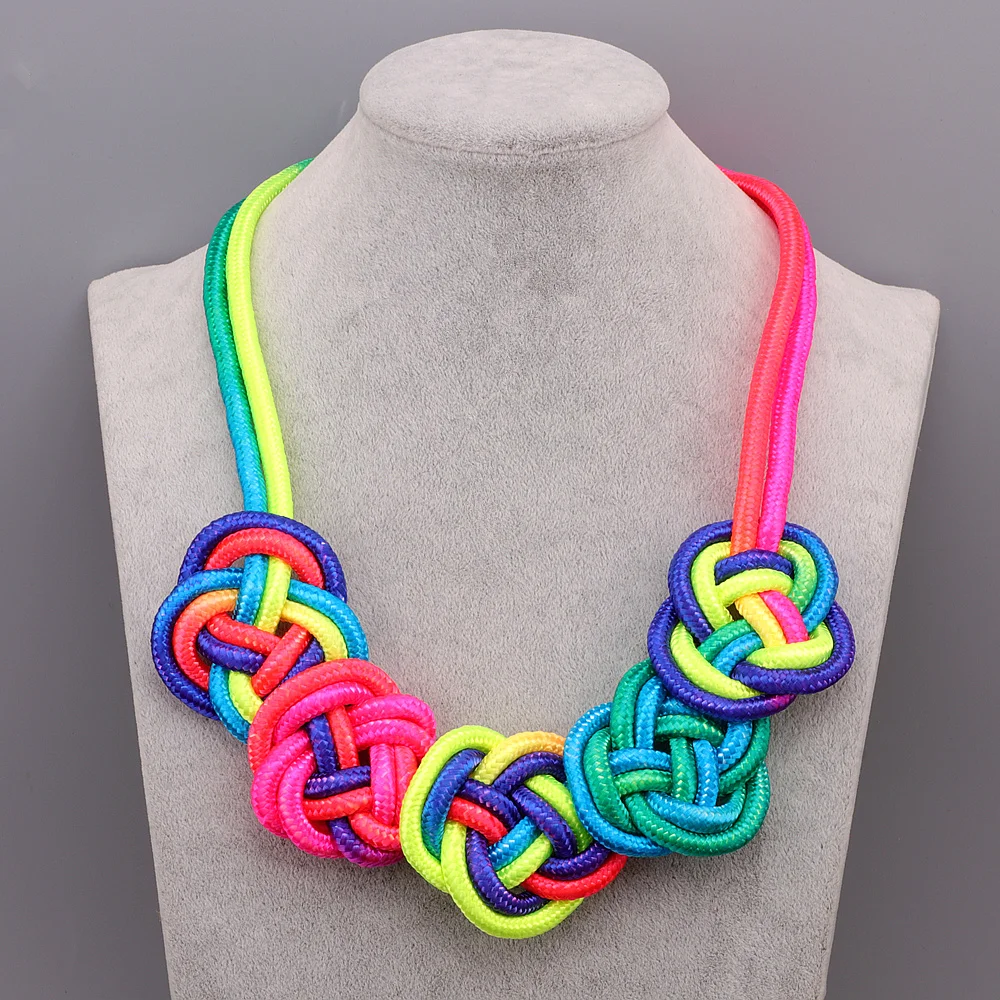 Classical Fashion Handmade Yarn Simple Knot Chunky Necklace Neon Color Choker Big Jewelry Wide