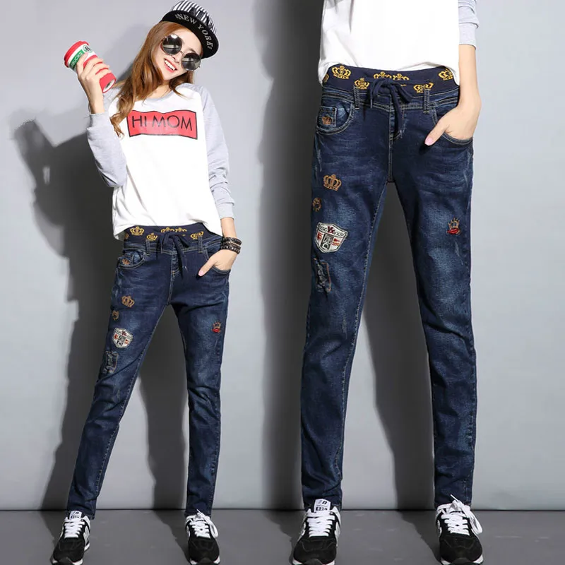

jeans with embroidery 2017 Loose Elastic waist Patch stretch jeans women denim harem pants women trousers Pencil pants femme